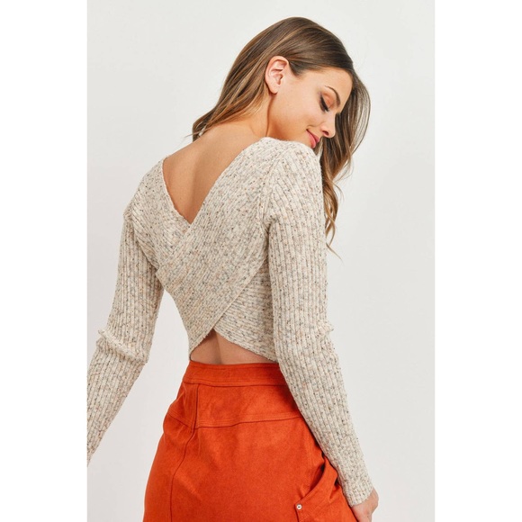 Oatmeal Surplice Back Detail Ribbed Sweater Top - Picture 5 of 11